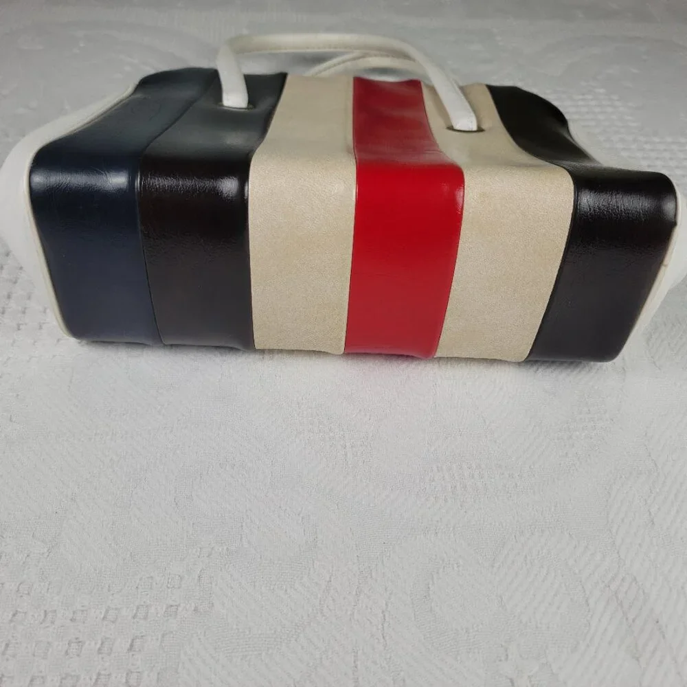 Vintage purse frame bag MCM classic white blue black cream red wide retro stripe - Picture 9 of 12
